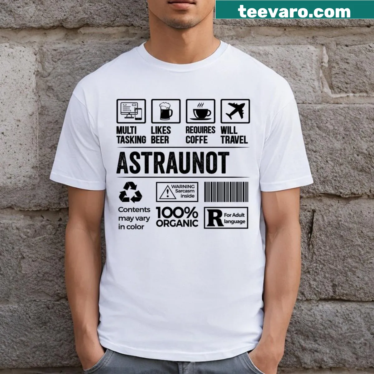 Funny astronaut multitasking graphic on T-shirt — on a men's t-shirt