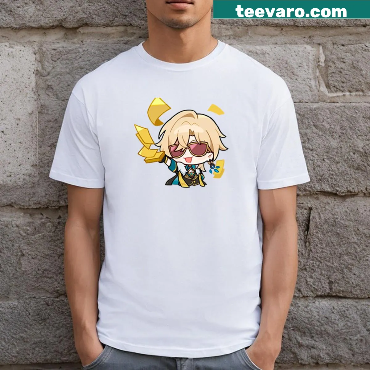 Honkai Star Rail graphic T-shirt featuring an illustrated sticker design — on a men's t-shirt