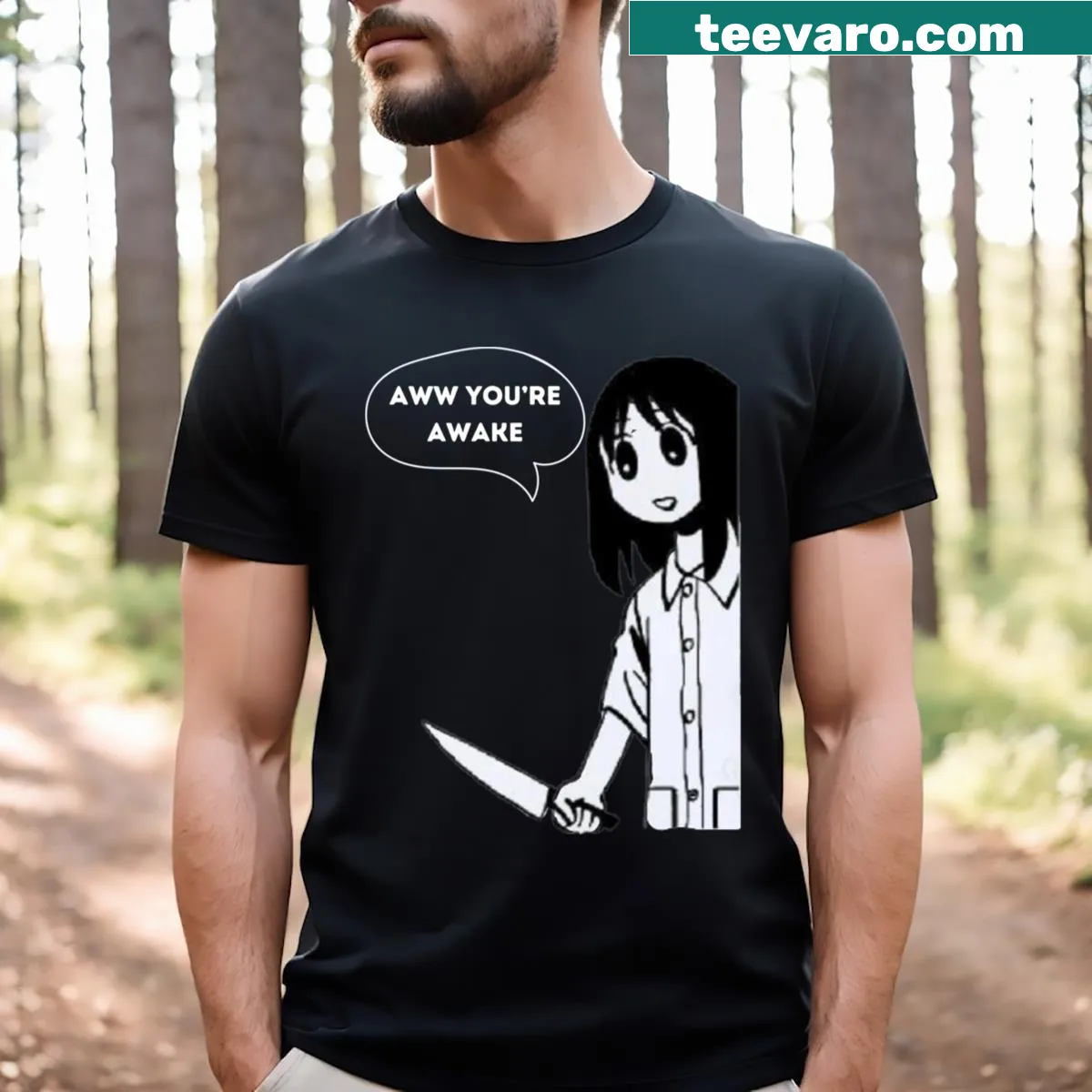 Anime meme T-shirt featuring humorous graphics about waking up — on a men's t-shirt