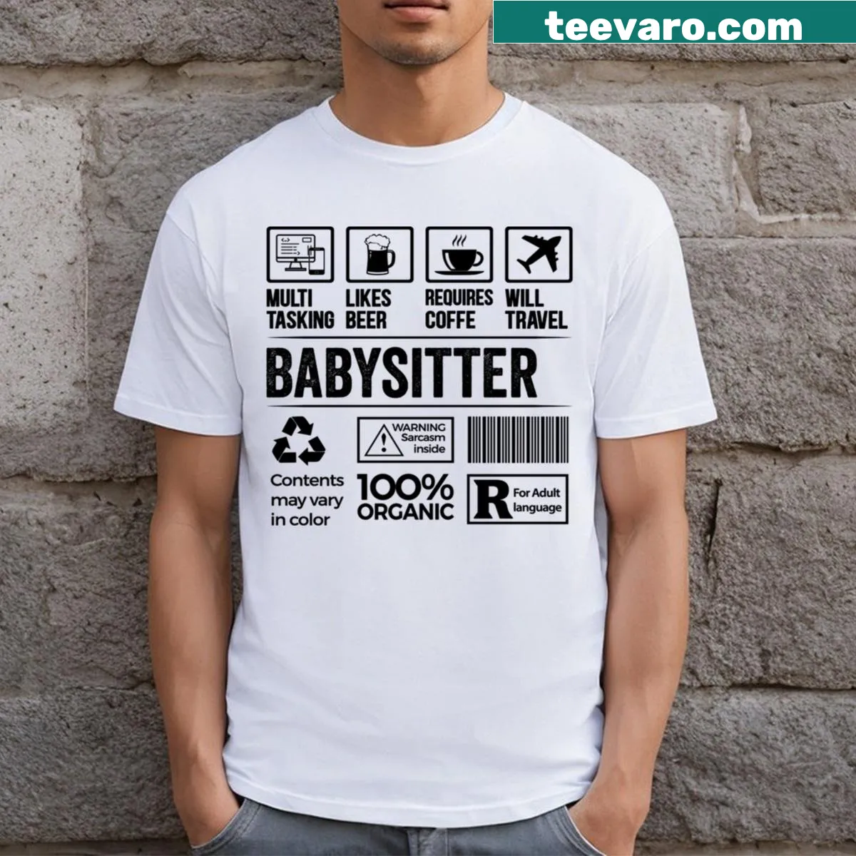 Funny T-shirt for babysitters with multitasking coffee graphics — on a men's t-shirt