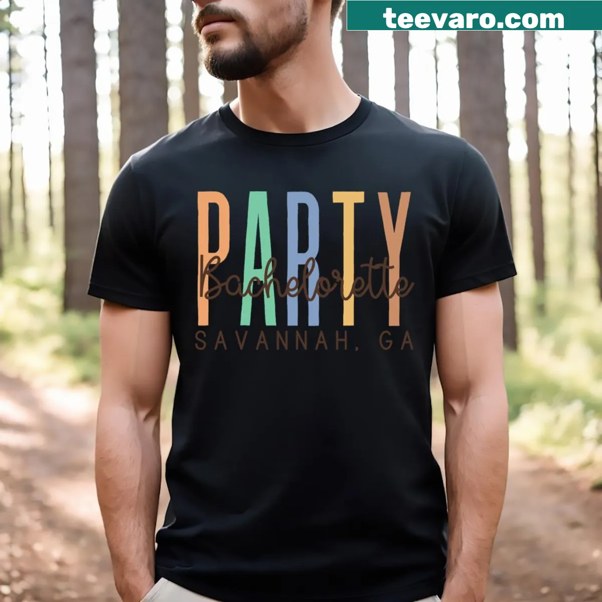 Playful bachelorette party T-shirt with fun text design — on a men's t-shirt