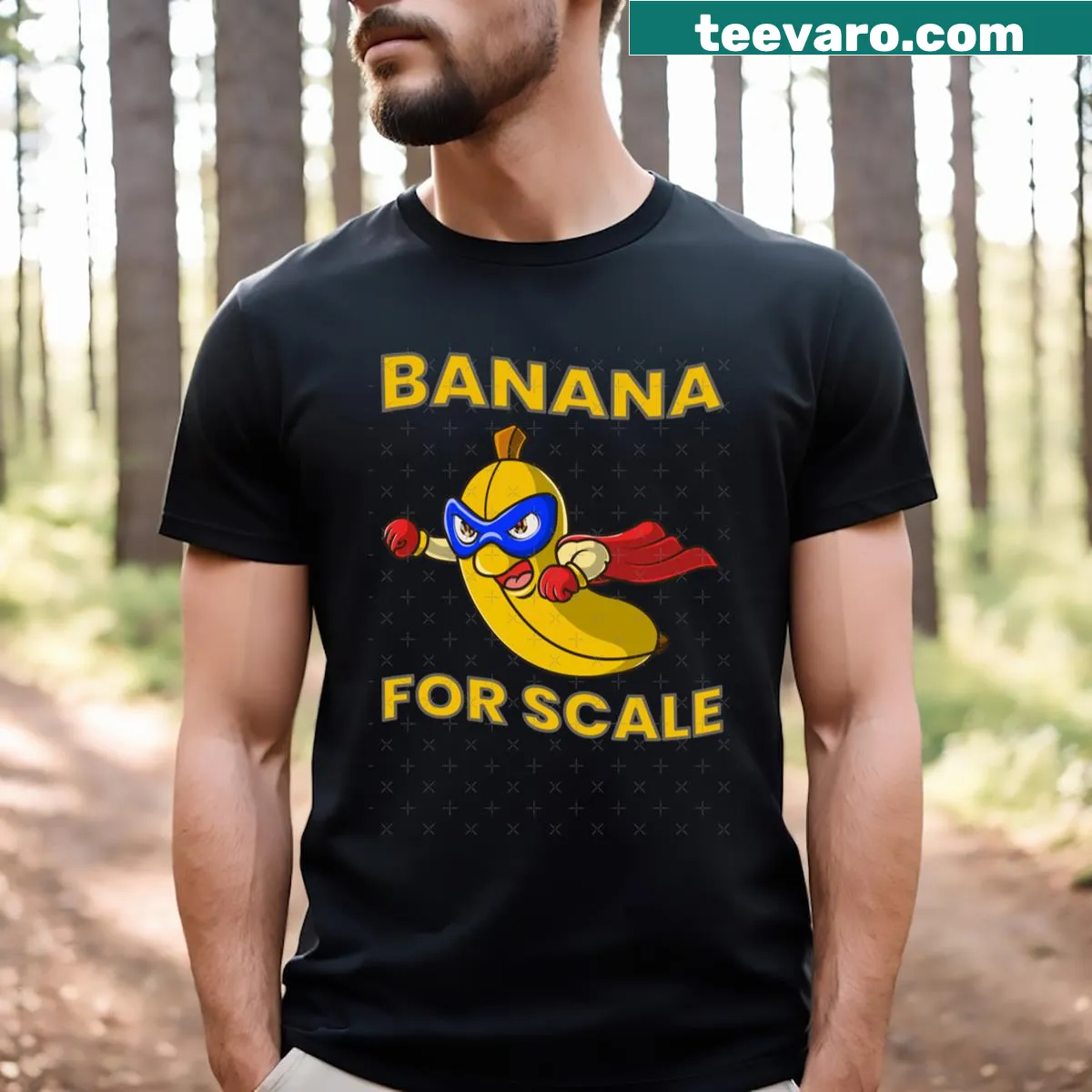 Cute T-shirt with playful 'Banana For Scale' text — on a men's t-shirt