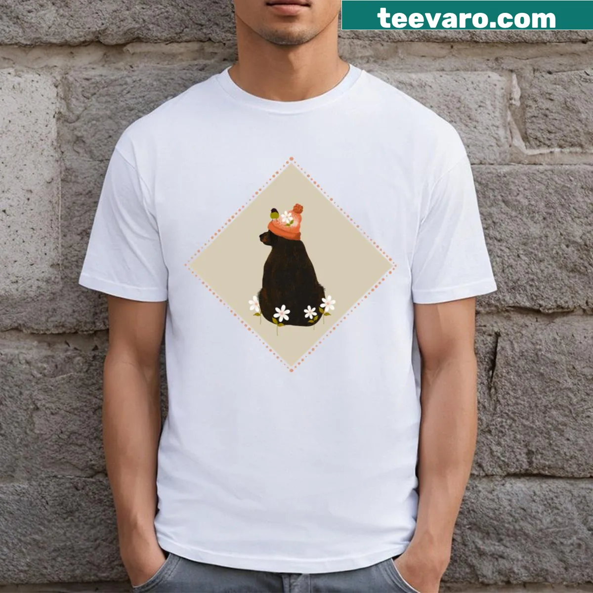 Illustrated T-shirt depicting bears and birds in a whimsical scene — on a men's t-shirt