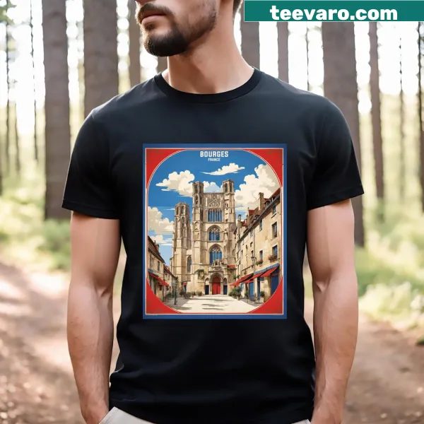 Vintage travel-themed t-shirt featuring Bourges, France, design
