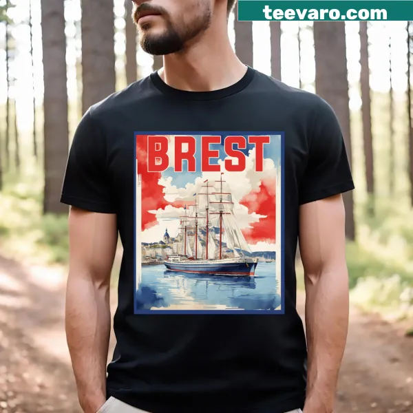 Vintage travel-themed t-shirt featuring Brest, France, design