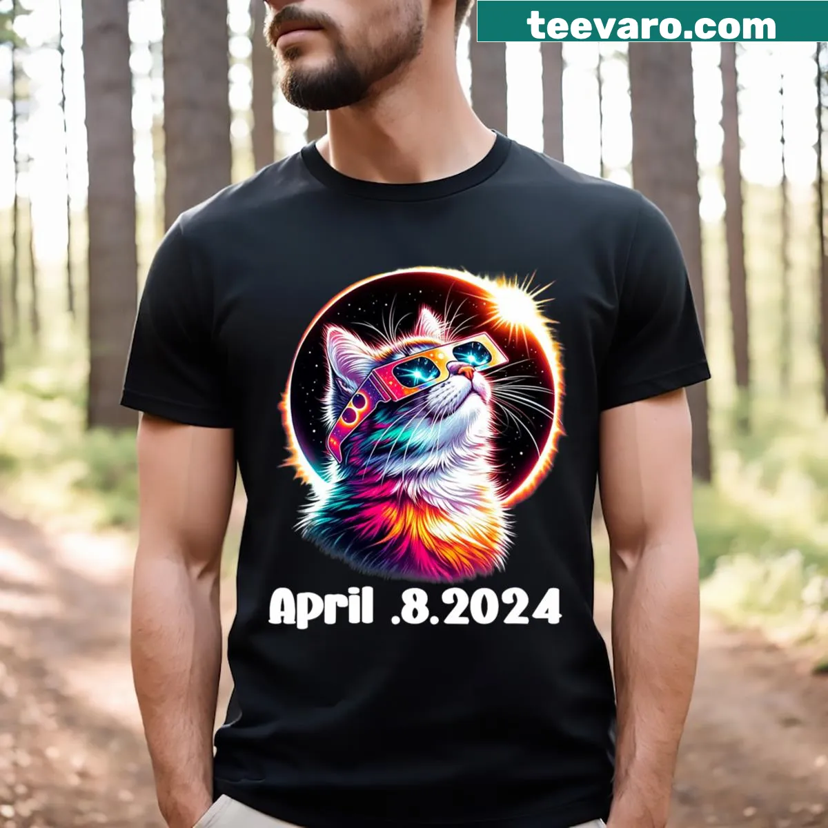 Cute cat wearing eclipse glasses on a solar eclipse t-shirt — on a men's t-shirt