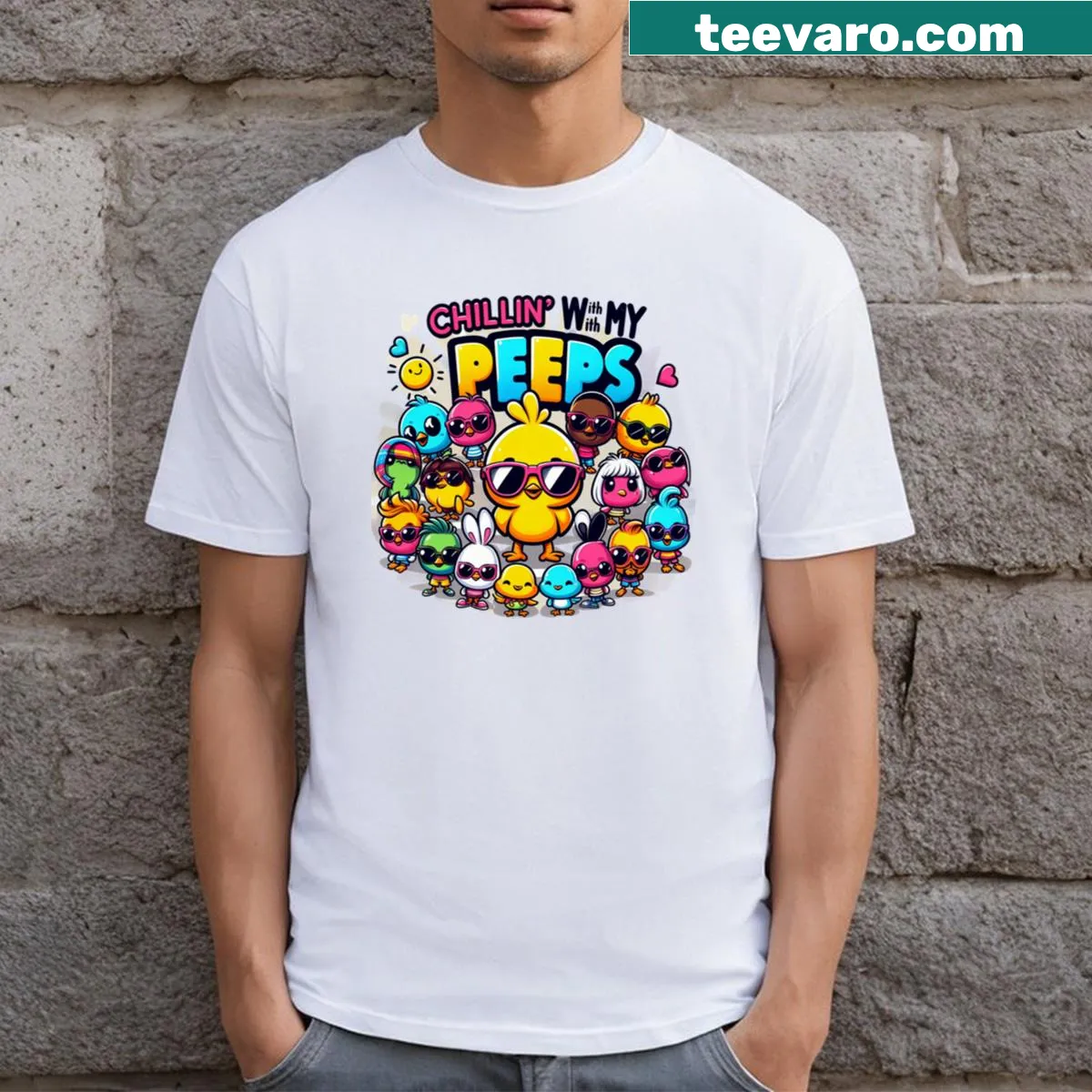 Playful cartoon chicks on a T-shirt with 'Chillin With My Peeps' text — on a men's t-shirt