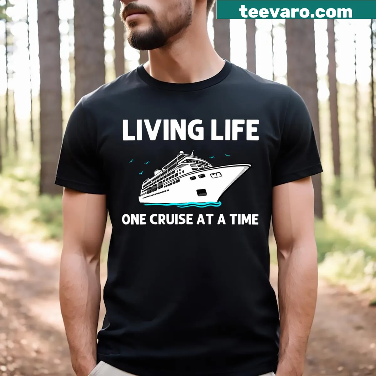Playful cruise-themed t-shirt with vacation illustrations — on a men's t-shirt