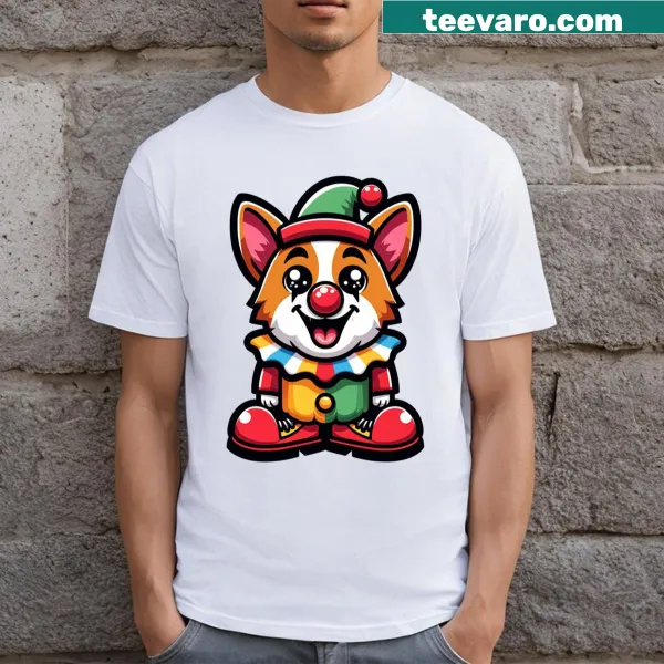 Cartoon Corgi T-shirt featuring a funny clown design