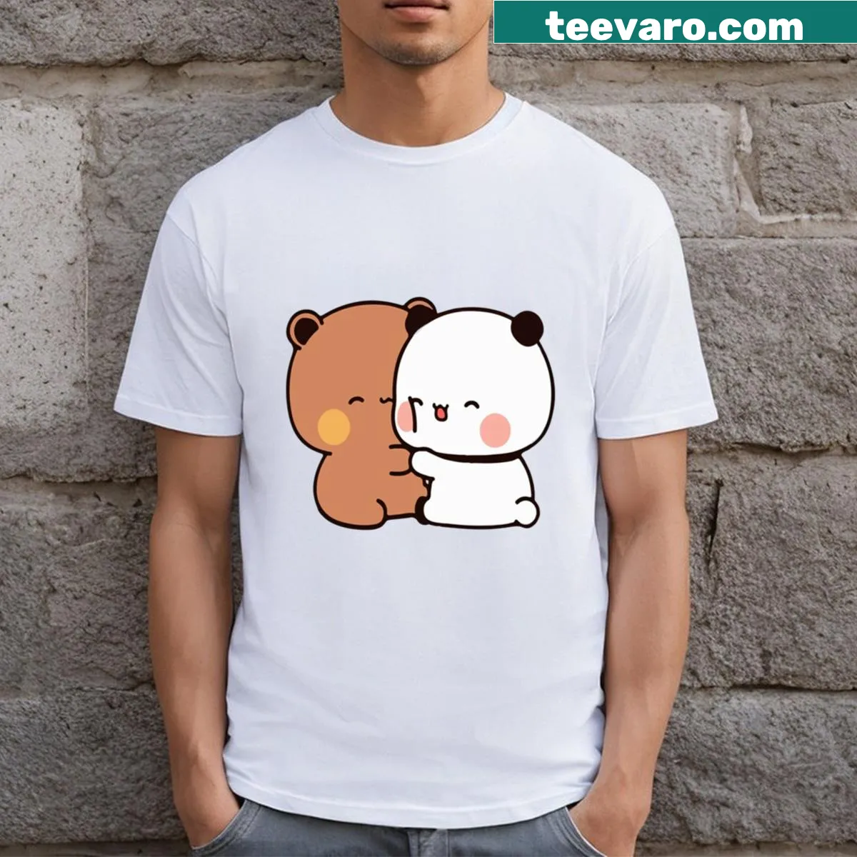 Cute T-shirt featuring playful cats and a panda bear illustration. — on a men's t-shirt