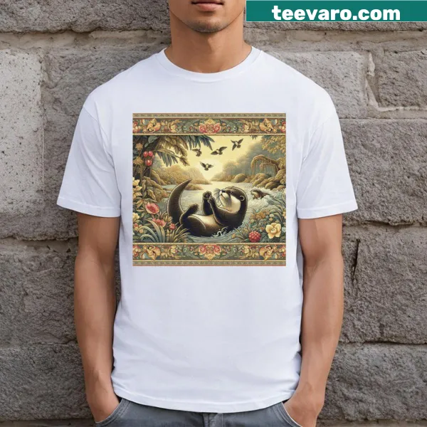 Illustration of cute otters playing in the river on a T-shirt