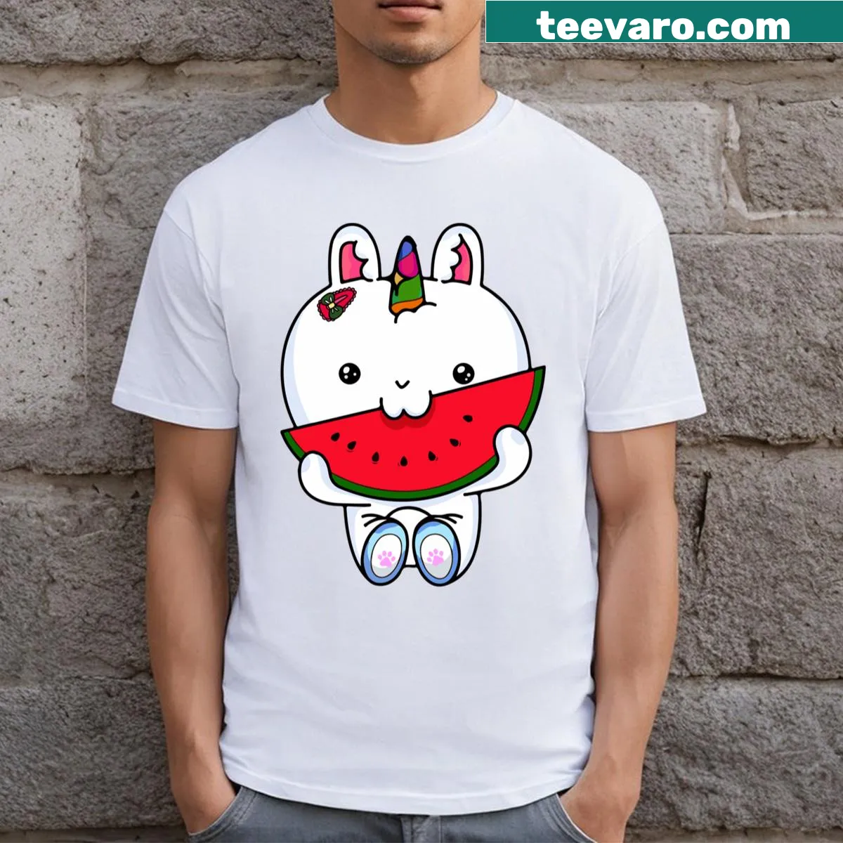 Illustration of a cute unicorn eating watermelon on a T-shirt — on a men's t-shirt