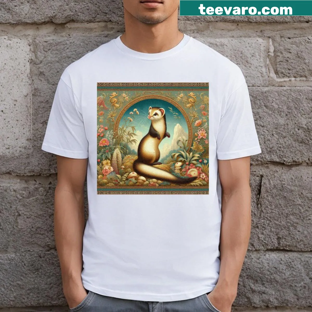 Illustration of a cute weasel in a floral garden on a T-shirt — on a men's t-shirt