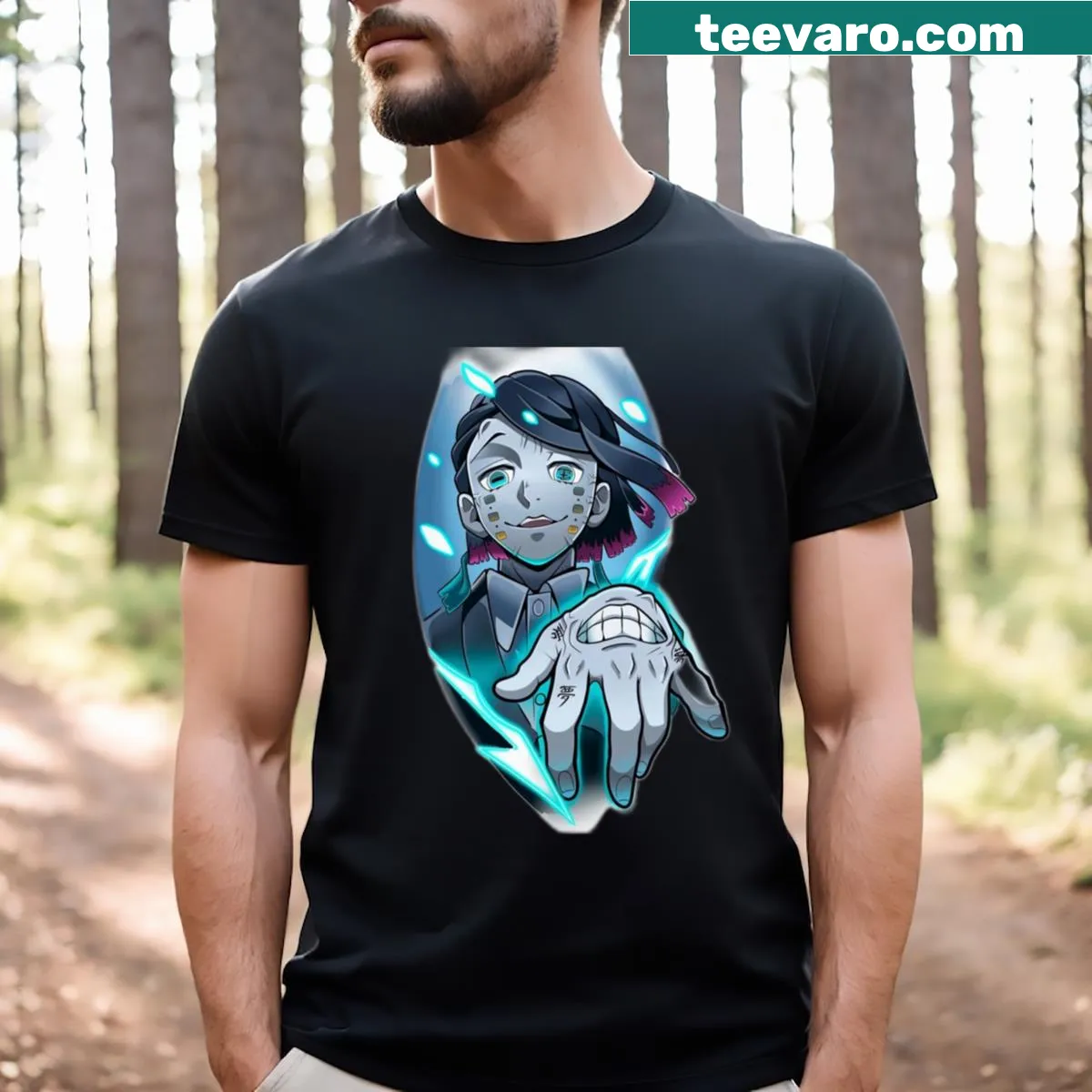 Vintage distressed T-shirt featuring an illustration of the demon Gyutaro. — on a men's t-shirt
