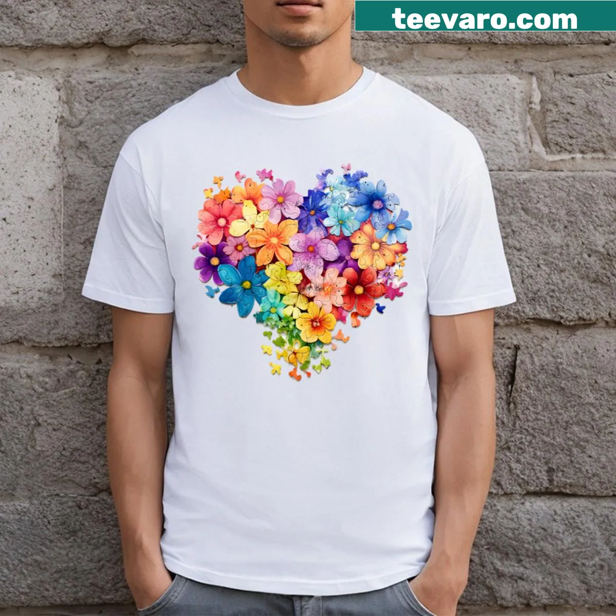 Floral heart puzzle design T-shirt representing autism awareness — on a men's t-shirt