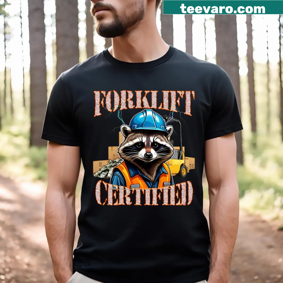 Retro T-shirt for forklift operators featuring a raccoon and humorous text — on a men's t-shirt