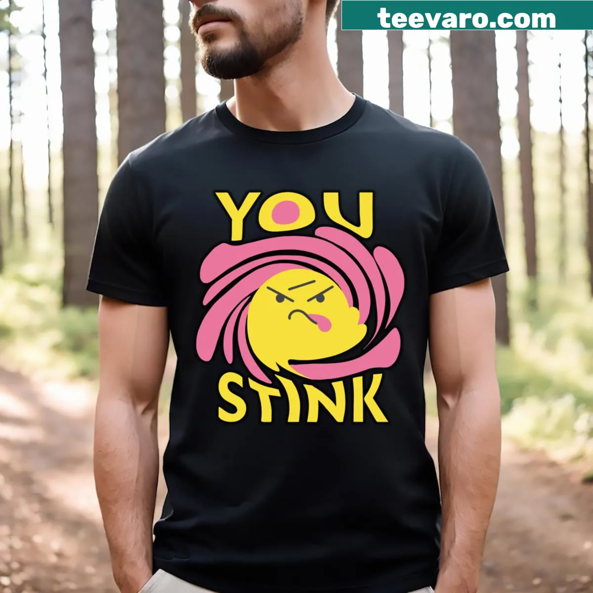Humorous typography t-shirt featuring the phrase You Stink — on a men's t-shirt