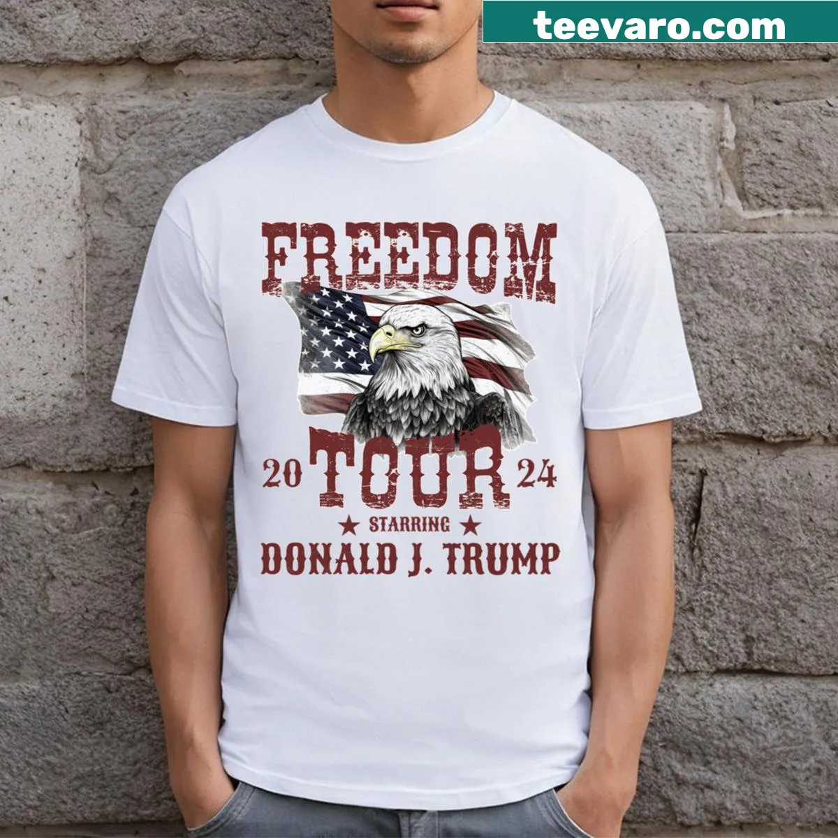 Freedom Tour 2024 t-shirt featuring Donald J Trump in bold text — on a men's t-shirt