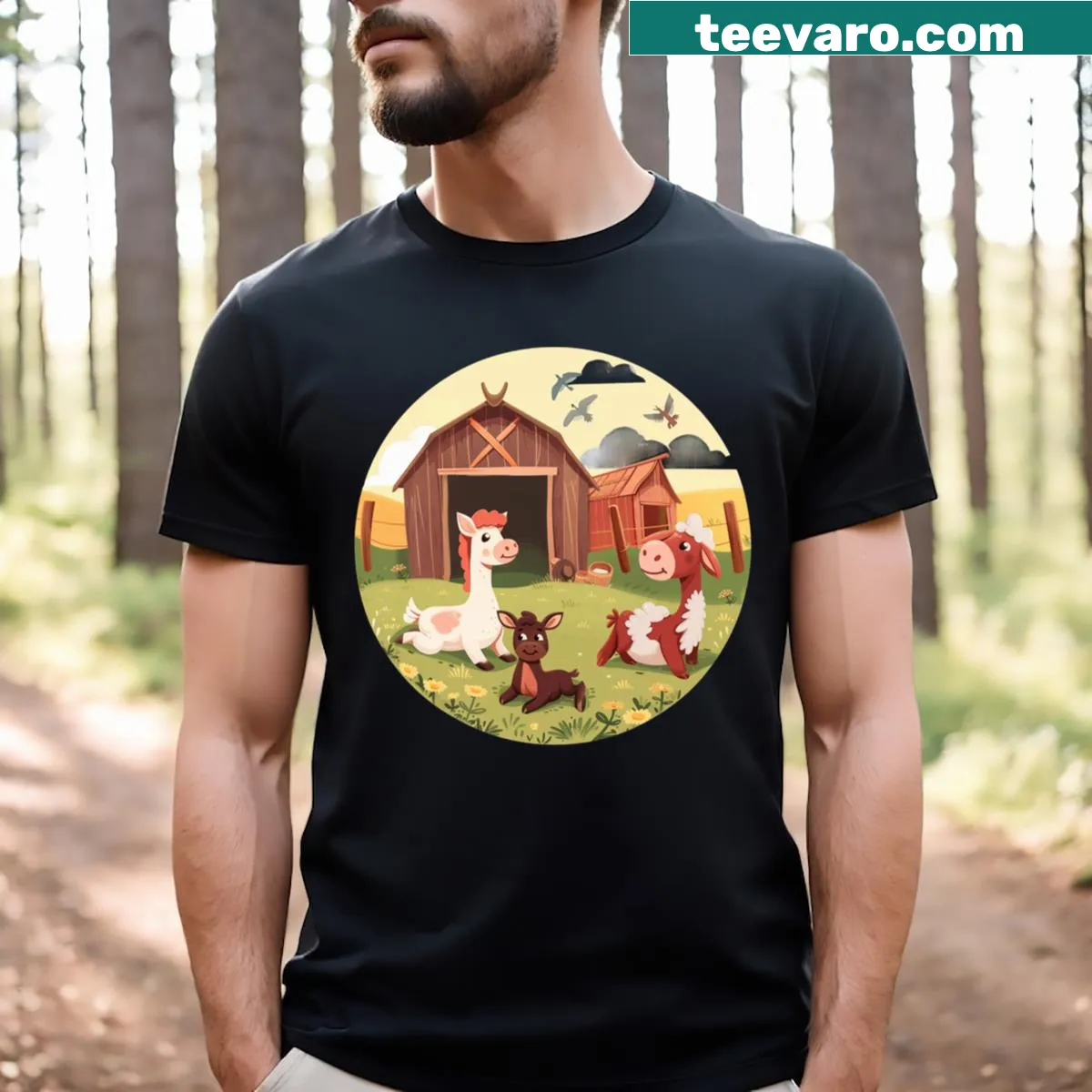 Whimsical farm animals graphic t-shirt — on a men's t-shirt