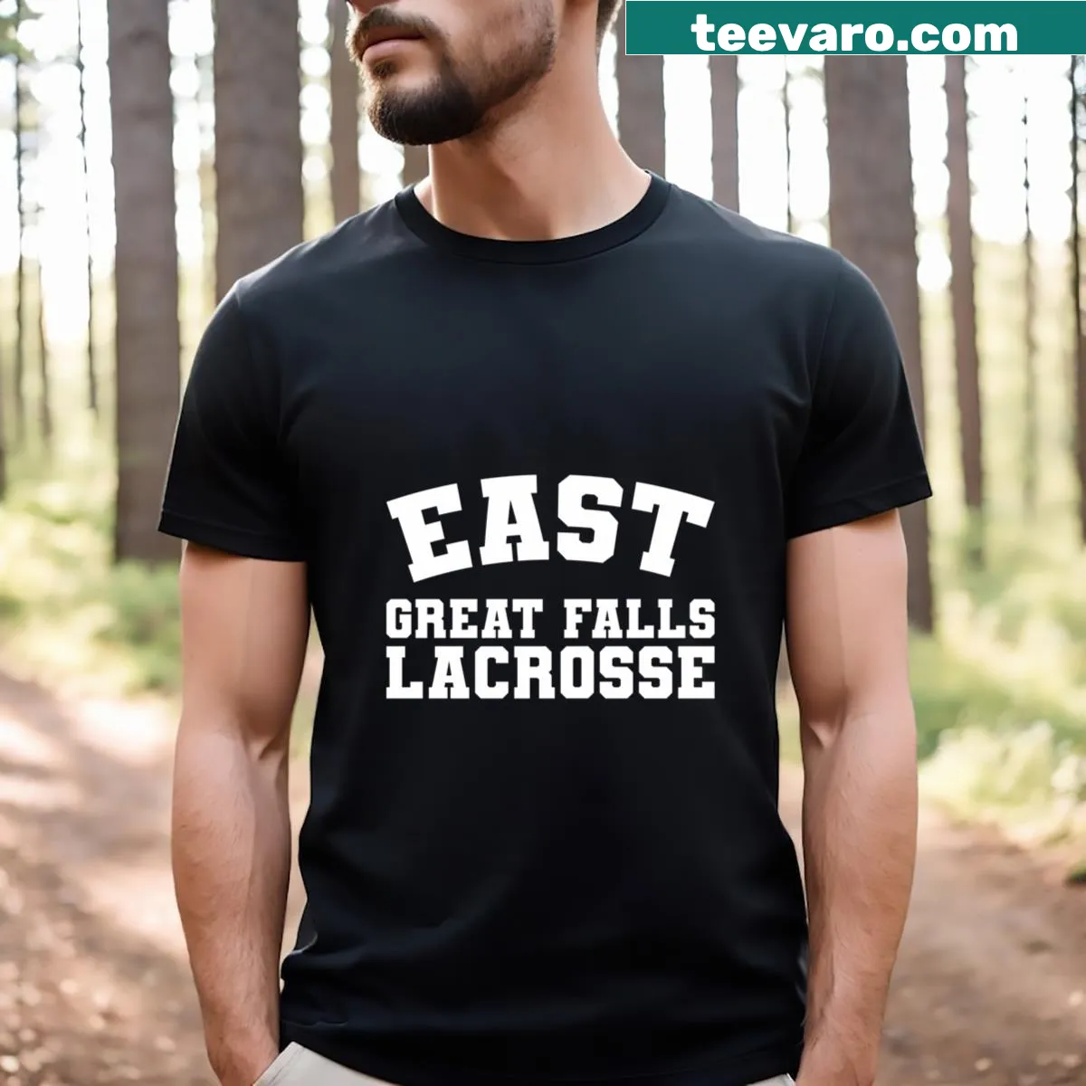 Humorous East Great Falls Lacrosse t-shirt with bold lettering design. — on a men's t-shirt
