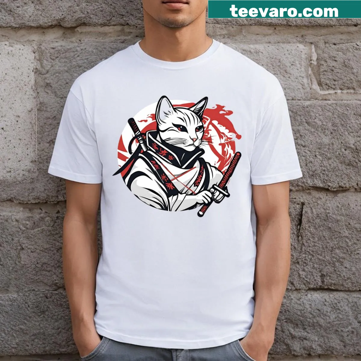 Cute samurai cat graphic on a T-shirt for teachers and anime fans — on a men's t-shirt