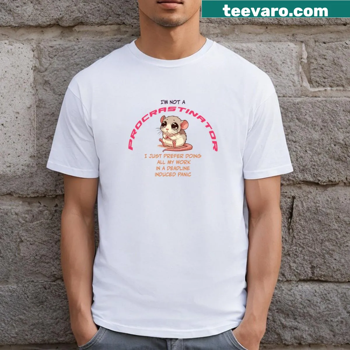 Cute t-shirt featuring a funny procrastinator rat design — on a men's t-shirt