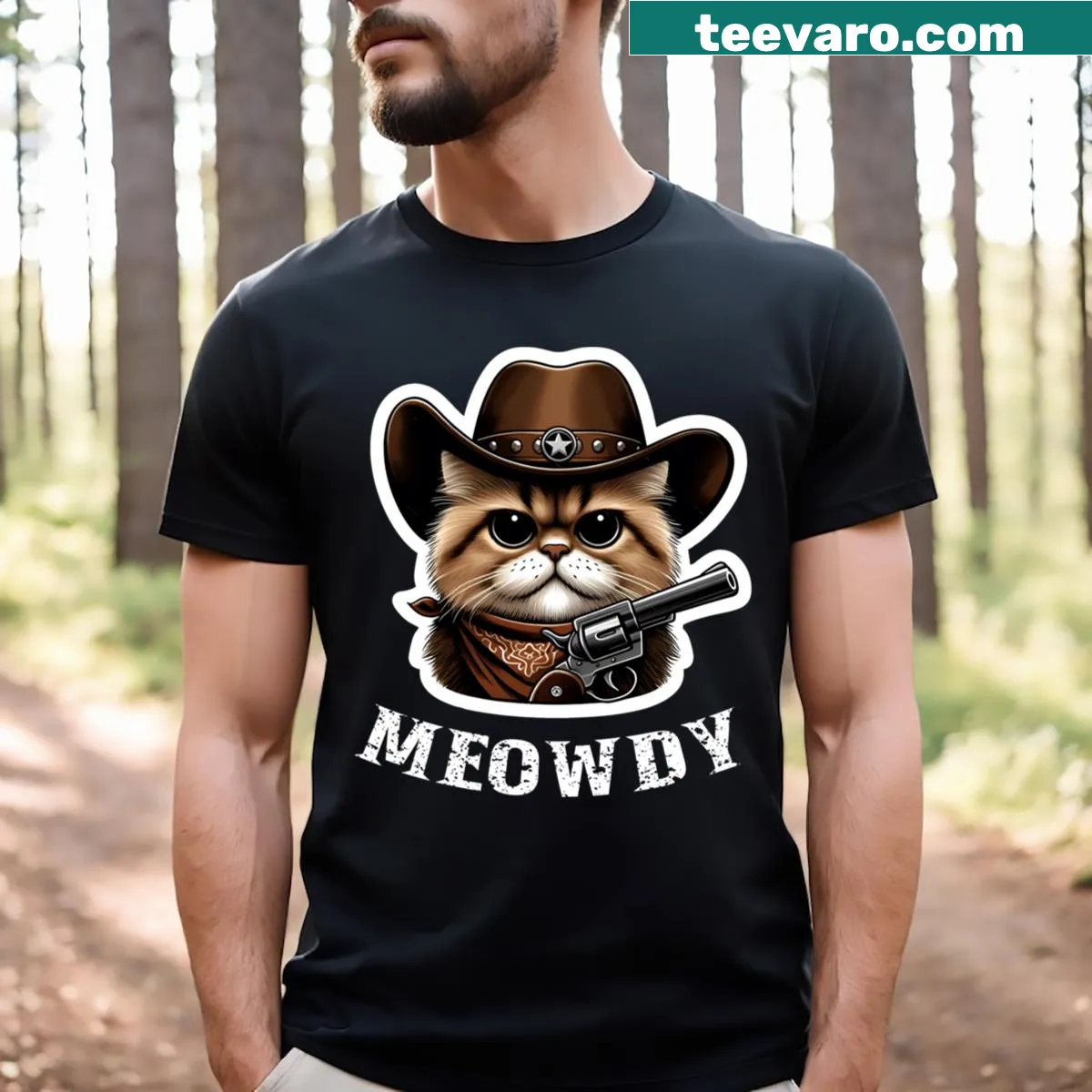 Cartoon cowboy cat saying 'Howdy' on a humorous T-shirt. — on a men's t-shirt