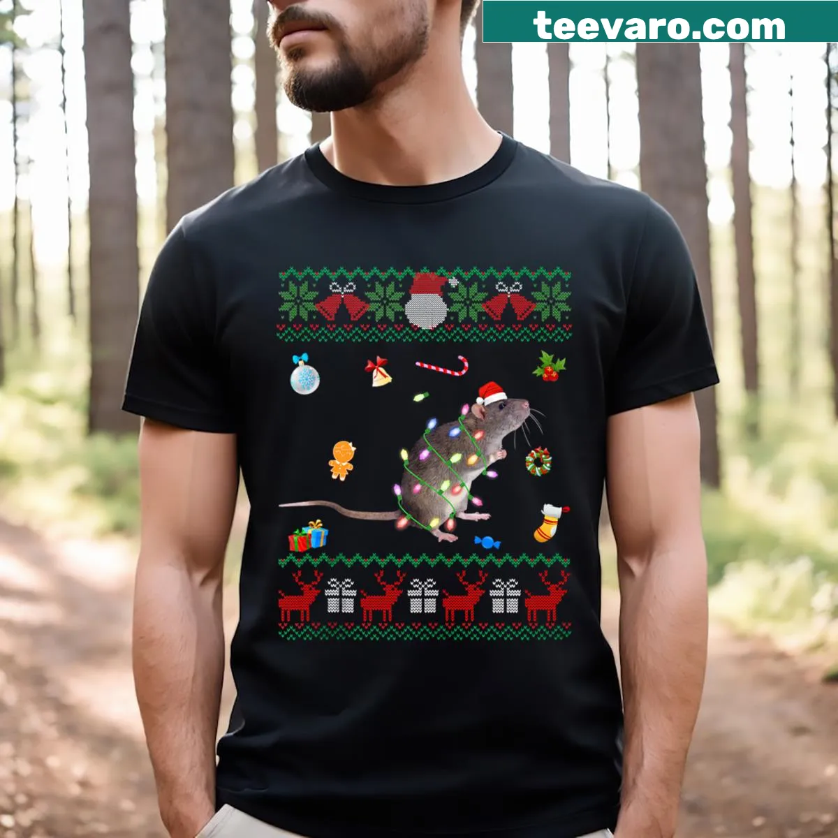 Funny Christmas T-shirt with ugly animals and lights illustration — on a men's t-shirt
