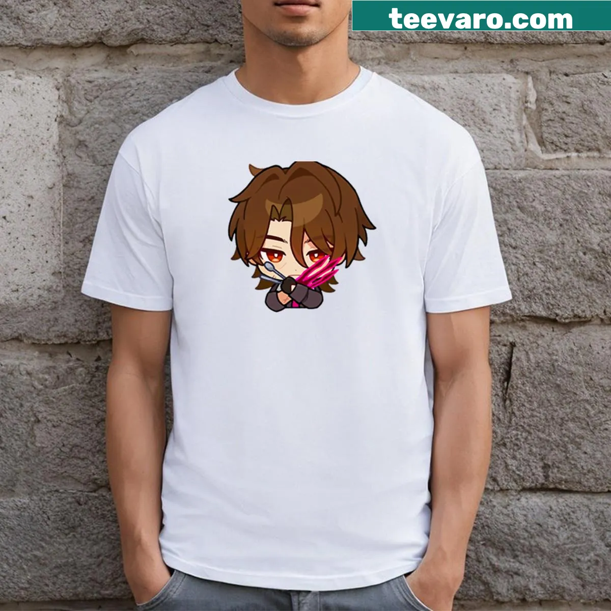 T-shirt featuring an illustration of Gallagher from Honkai Star Rail. — on a men's t-shirt