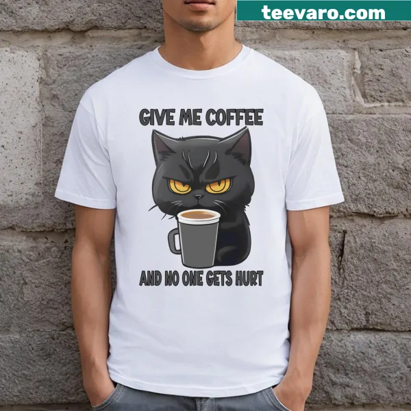 Funny coffee lover t-shirt with a black cat and humorous text