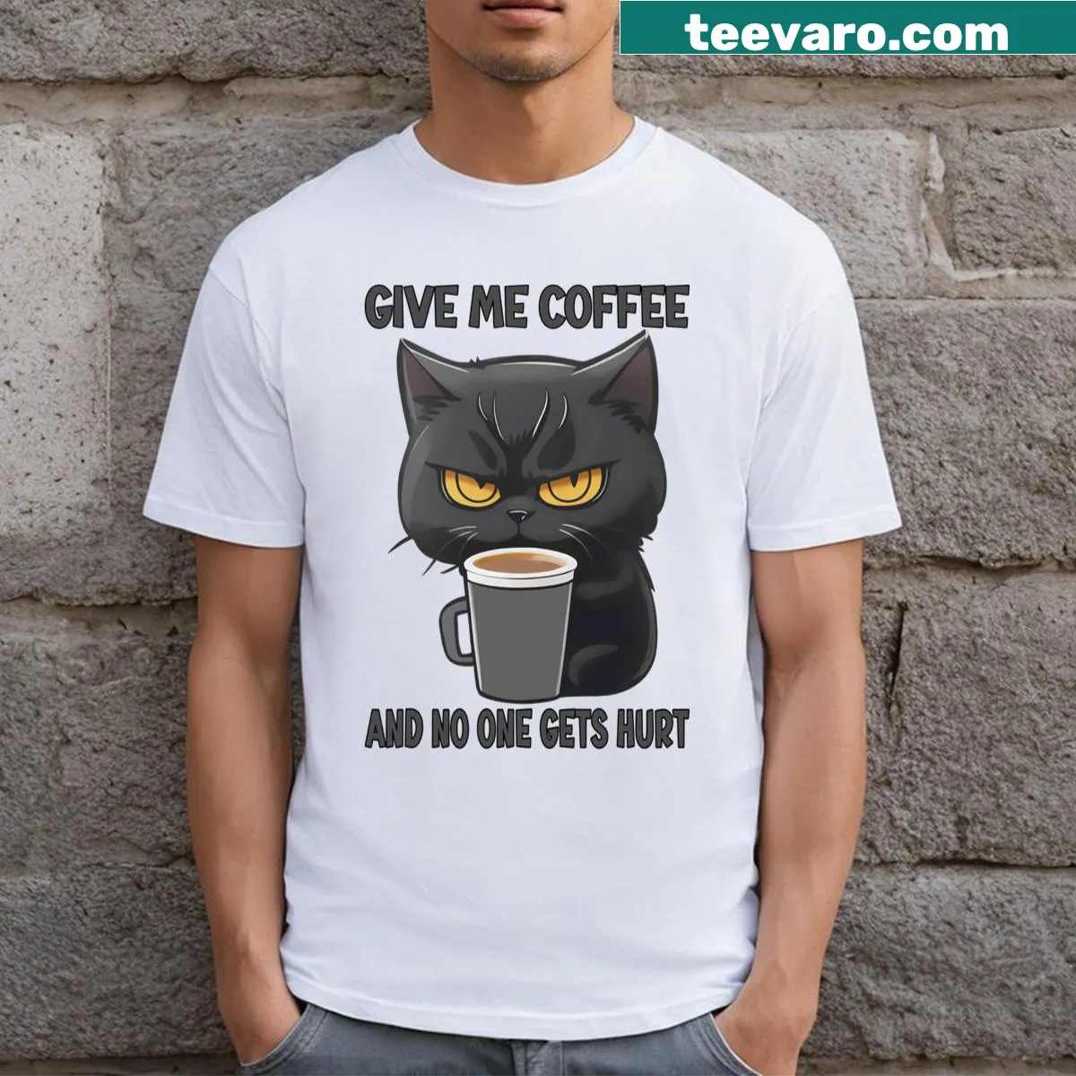 Funny coffee lover t-shirt with a black cat and humorous text — on a men's t-shirt