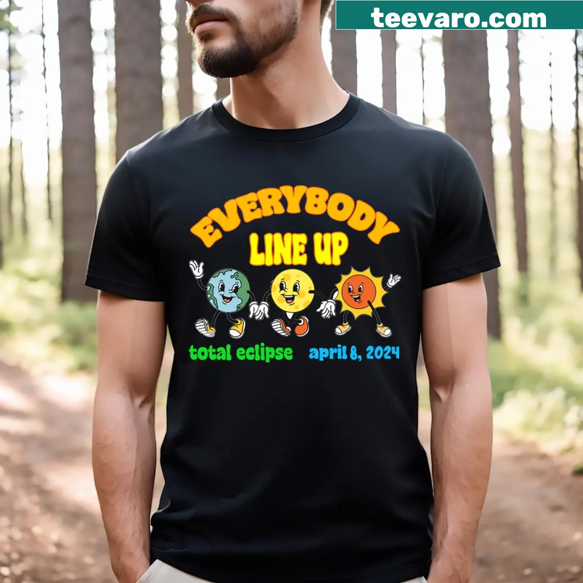 Cartoon-style T-shirt featuring a groovy solar eclipse with sun and moon — on a men's t-shirt