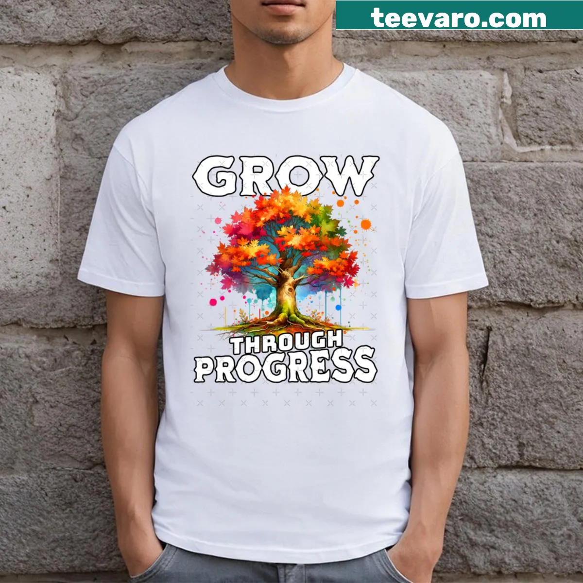Inspirational T-shirt with hand-lettered design of a tree and slogan — on a men's t-shirt