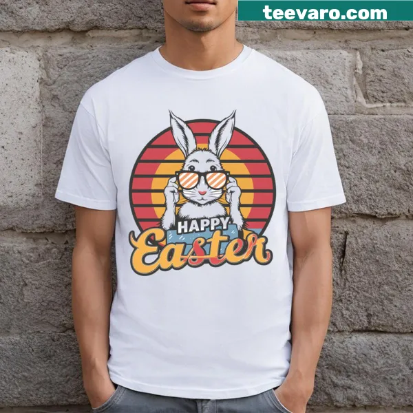 Cheerful Easter bunny with colorful eggs graphic T-shirt