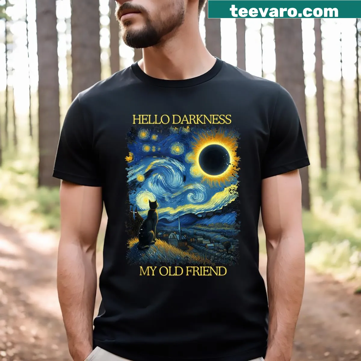 Funny cat solar eclipse t-shirt with humorous text — on a men's t-shirt