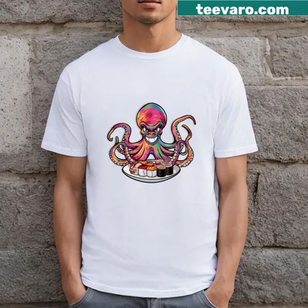 Cartoon t-shirt with a cute octopus and sushi design