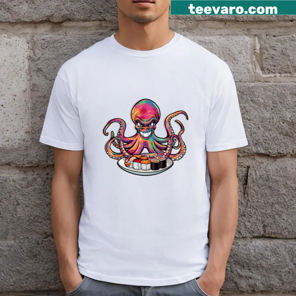 Cartoon t-shirt with a cute octopus and sushi design — on a men's t-shirt