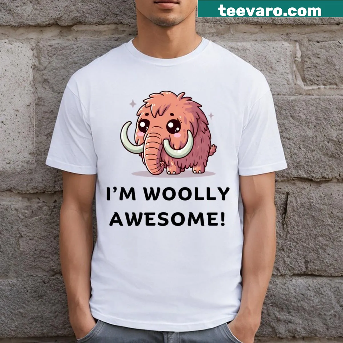 Funny T-shirt with a cute woolly mammoth graphic — on a men's t-shirt