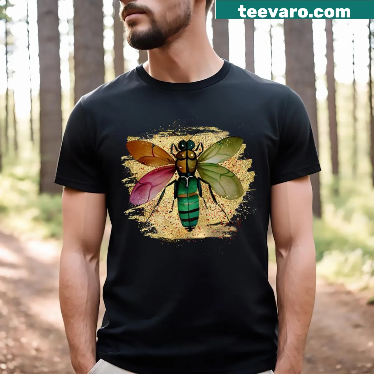 Watercolor painting of a green glitter bug on a t-shirt — on a men's t-shirt