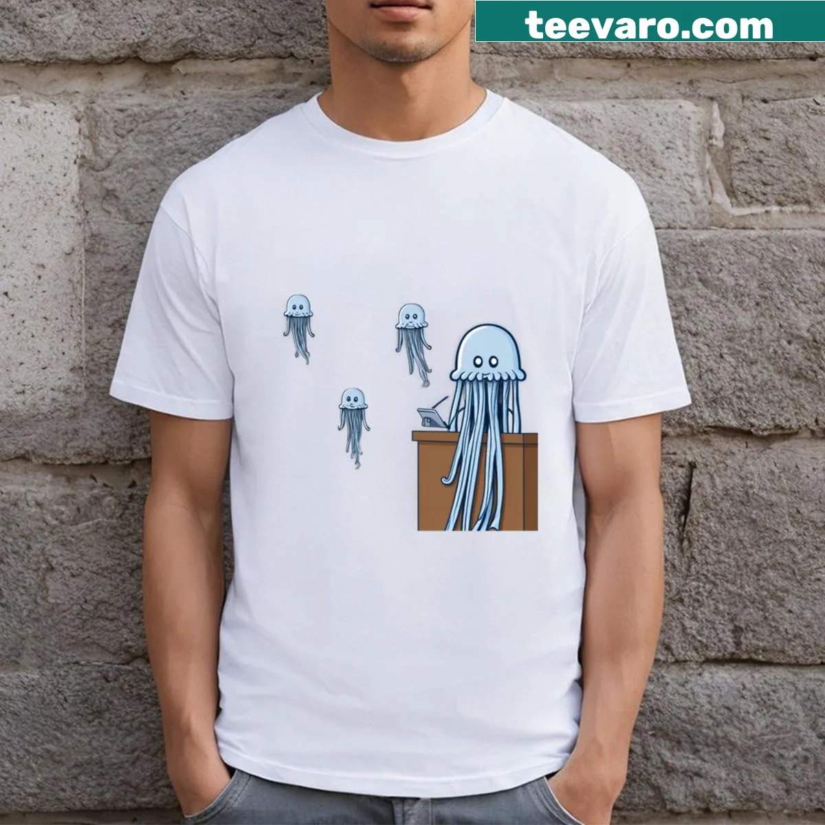Illustrative T-shirt featuring jellyfish in a whimsical design — on a men's t-shirt