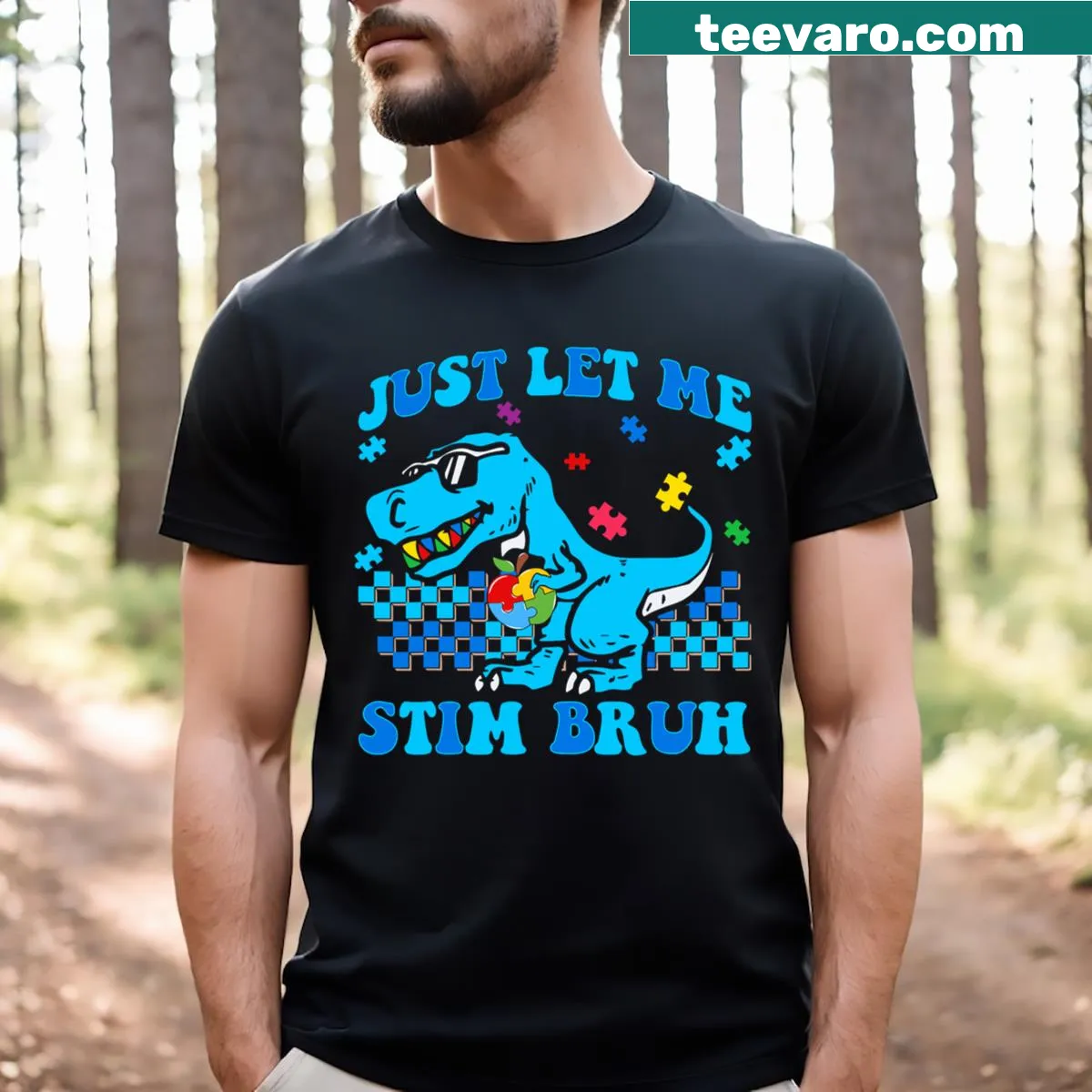 Dinosaur graphic t-shirt promoting autism awareness for kids — on a men's t-shirt