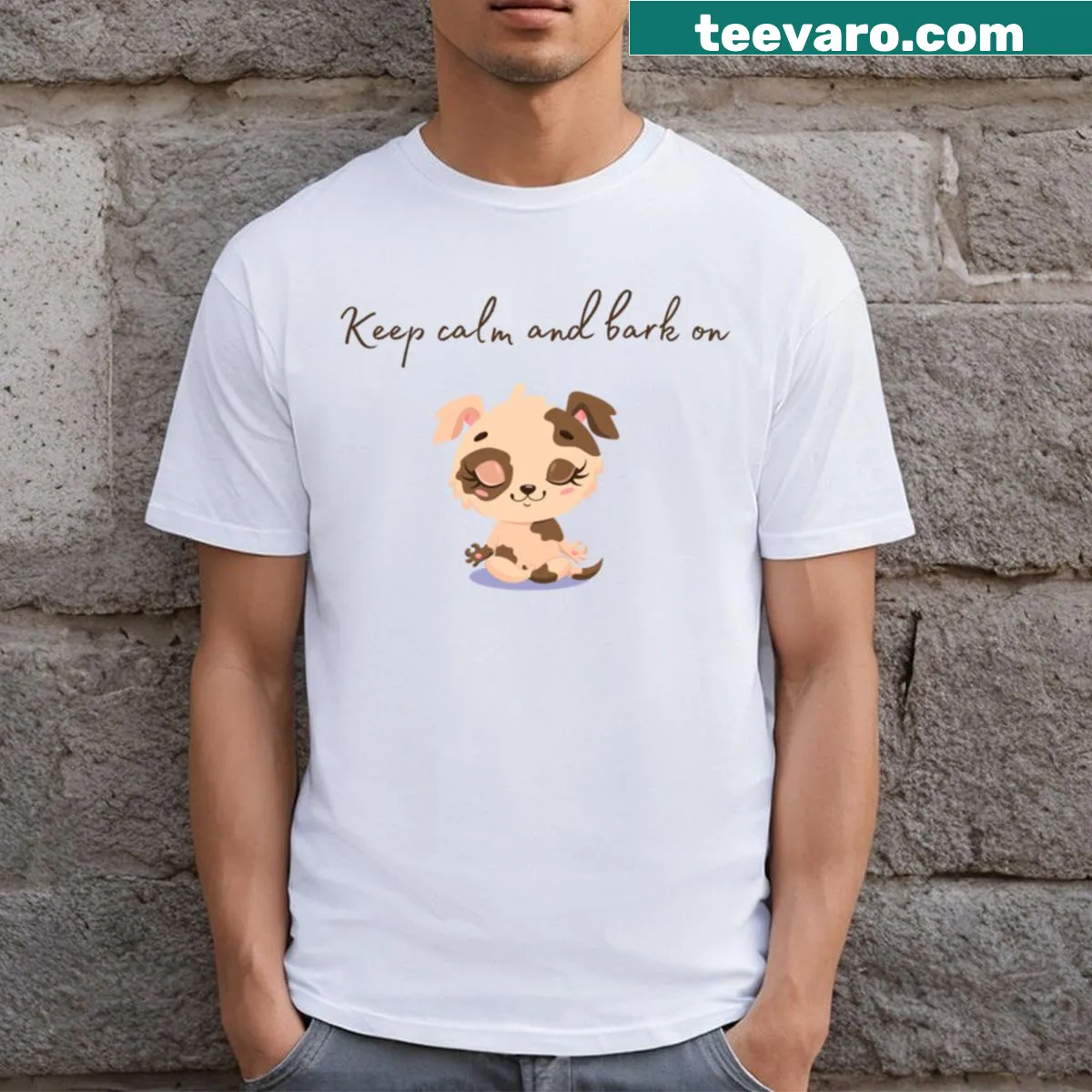 Typography shirt with the phrase Keep Calm And Bark On. — on a men's t-shirt