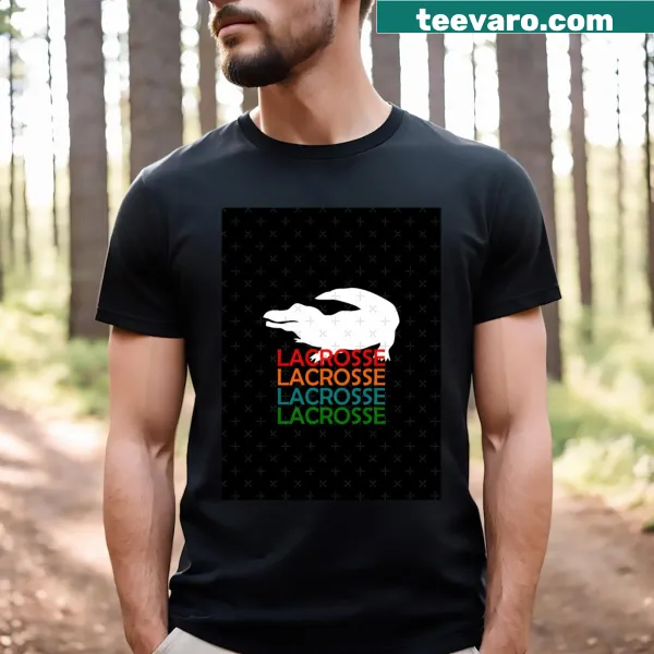 Dynamic lacrosse graphic t-shirt displaying sport elements