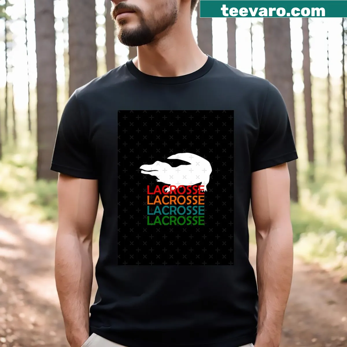 Dynamic lacrosse graphic t-shirt displaying sport elements — on a men's t-shirt