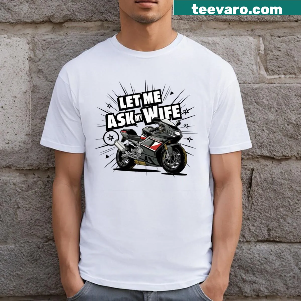 Funny t-shirt for husbands stating 'Let Me Ask My Wife' — on a men's t-shirt