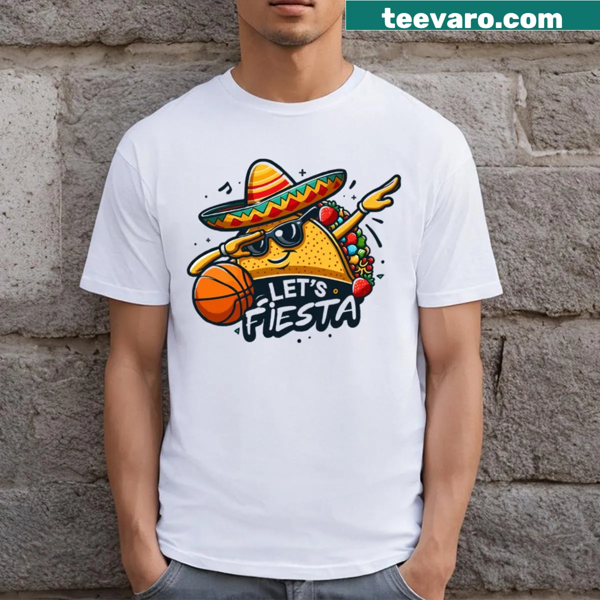 T-shirt with taco and basketball illustration for Cinco De Mayo celebration — on a men's t-shirt