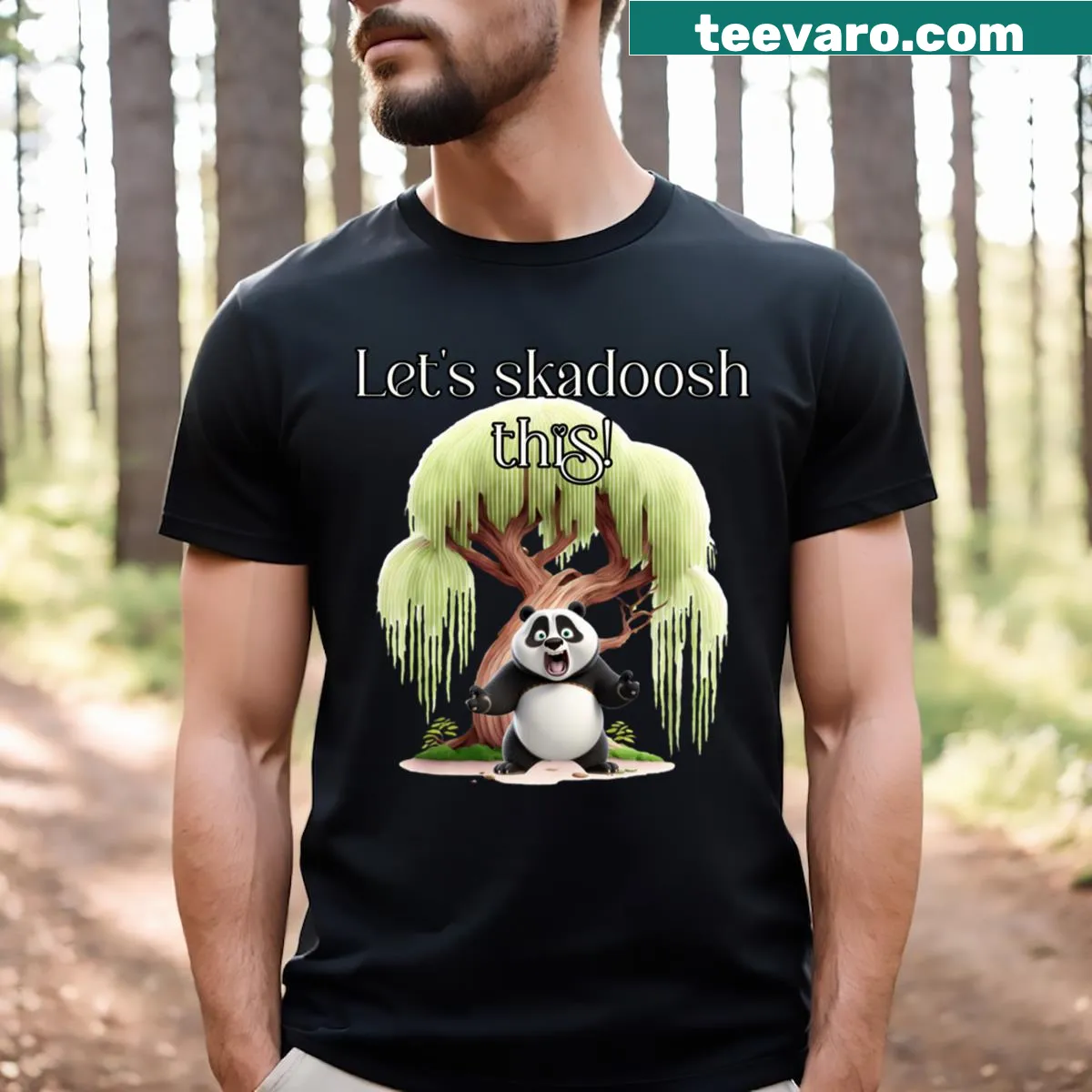 Funny t-shirt with panda and the phrase 'Let's Skadoosh This!' — on a men's t-shirt