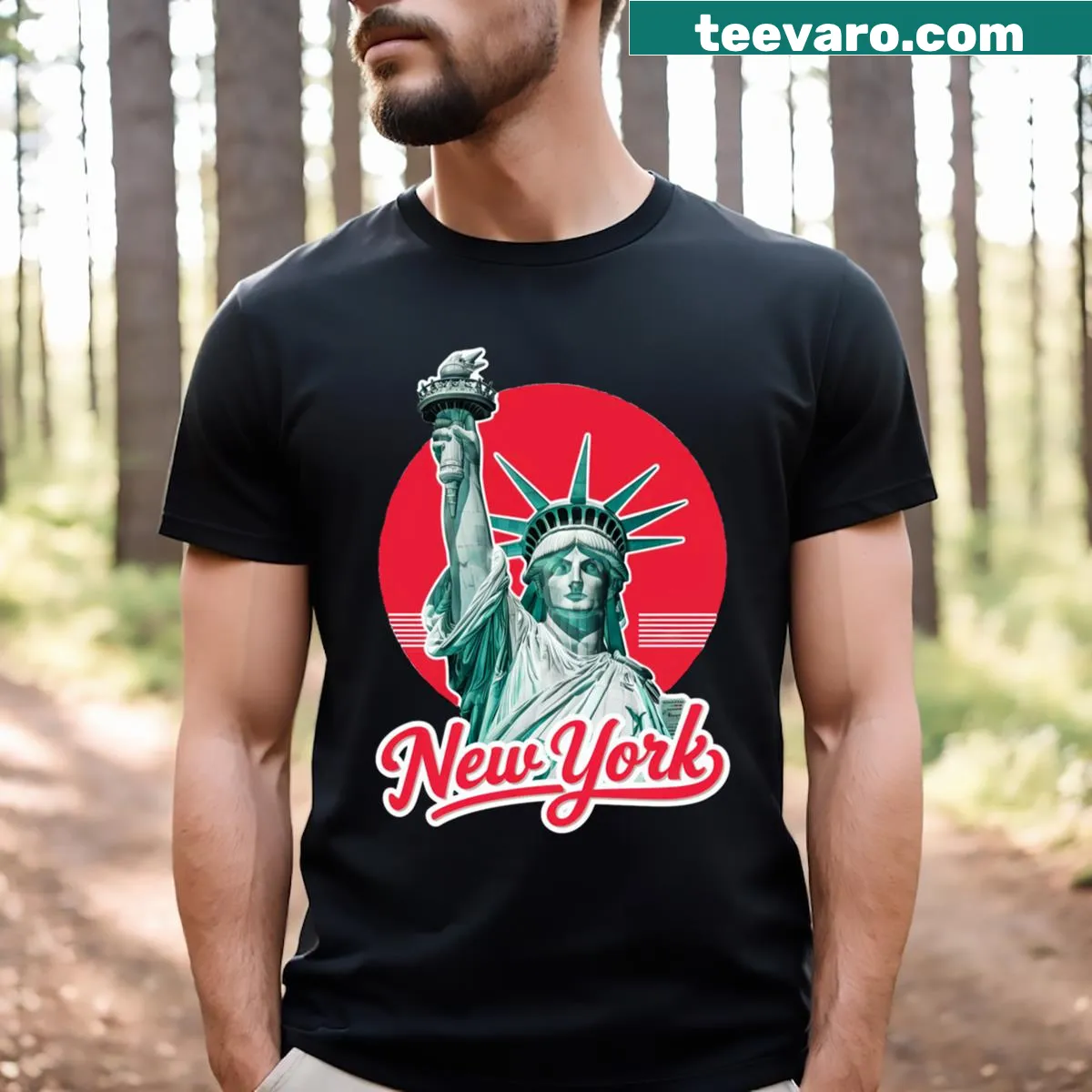 T-shirt featuring NYC skyline and liberty design — on a men's t-shirt