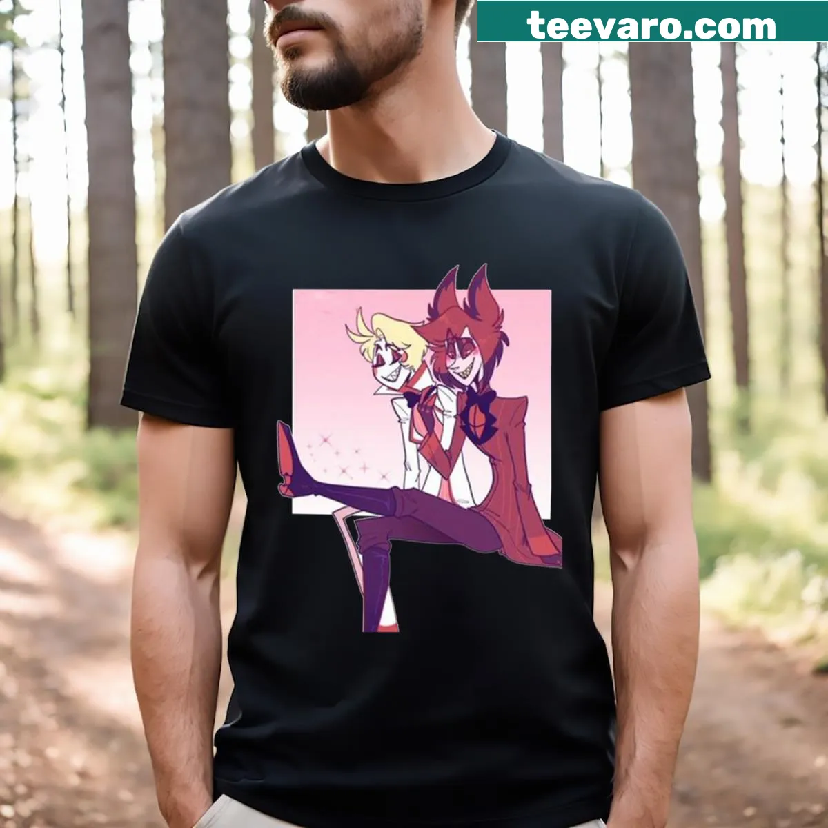 Cartoon Lucifer Morningstar graphic on the t-shirt from Hazbin Hotel. — on a men's t-shirt