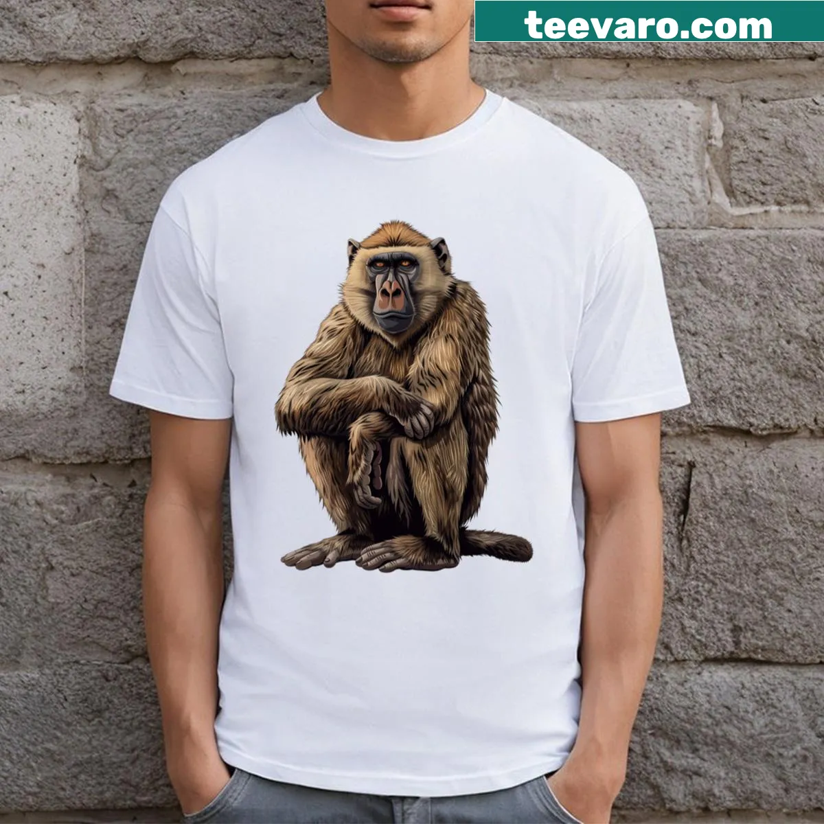 Realistic graphic of a baboon in thoughtful repose on T-shirt — on a men's t-shirt